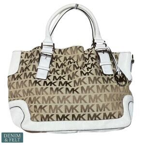 Michael Kors MK Logo Canvas Satchel with Cream Leather Trim & Charm Tote Bag